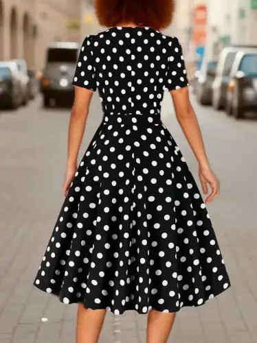 Women's Short Sleeve Geometric Collar Polka Dot Flared Midi Supreme Dress - 2