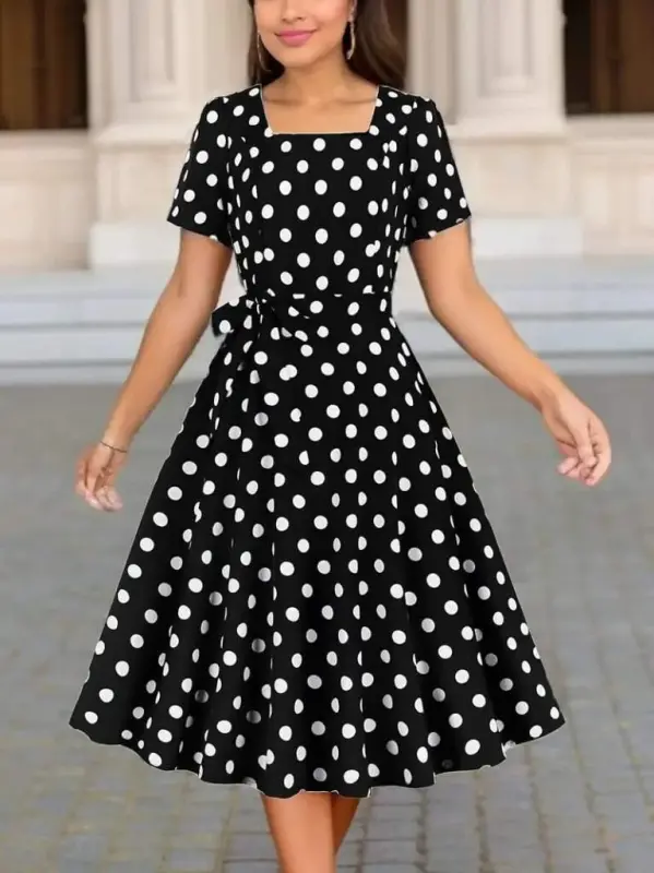 Women's Short Sleeve Geometric Collar Polka Dot Flared Midi Supreme Dress - 3