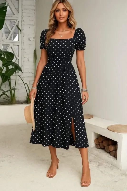 Women's Short Sleeve Geometric Neck Slit Polka Dot Midi Knitted Crepe Dress - BÜYÜKBEDENIZ