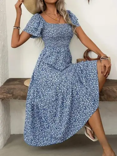 Women's Short Sleeve Guipure Detailed Patterned Midi Supima Dress - 1