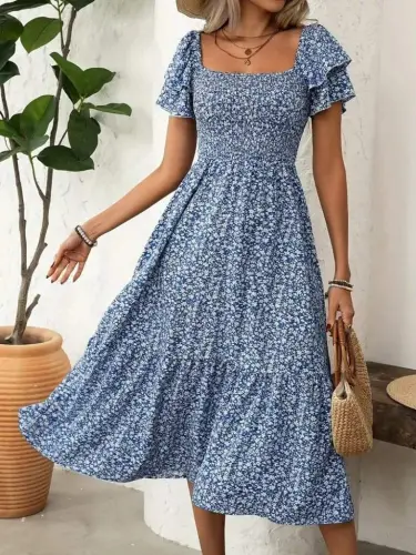 Women's Short Sleeve Guipure Detailed Patterned Midi Supima Dress - 7