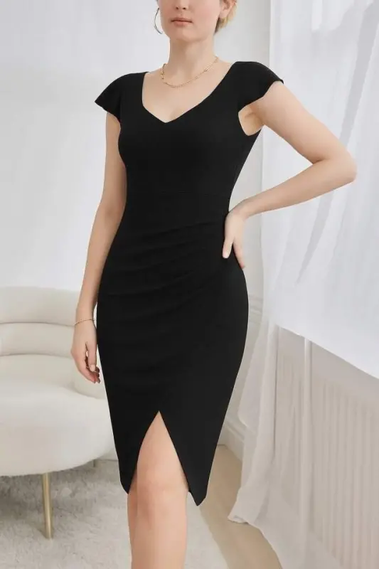 Women's Short Sleeve Heart Neckline Ruched Detail Midi Crinkle Crepe Dress - 1