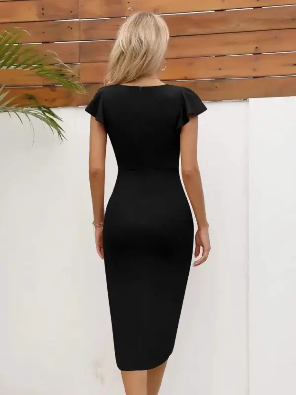 Women's Short Sleeve Heart Neckline Side Ruched Detail Midi Imported Crepe Dress - 4