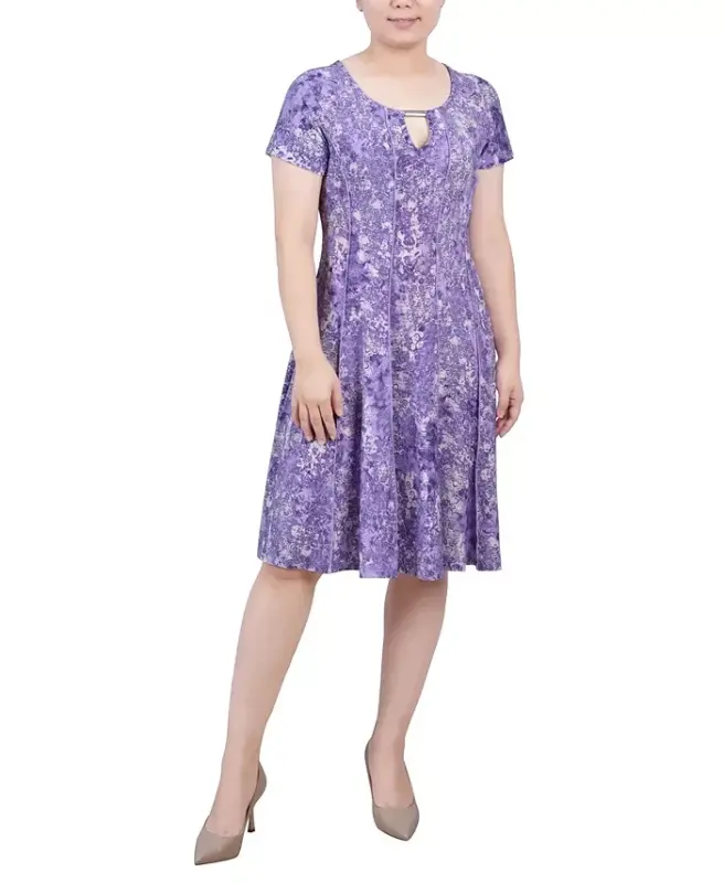 Women's Short Sleeve Jacquard Knit Seamed Dress-Plum Dusty Dusk - NY COLLECTION