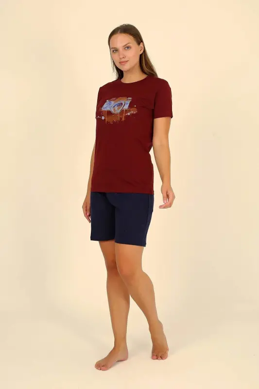 Women's Short Sleeve Knitted Pajama Set Burgundy 3622 - 3