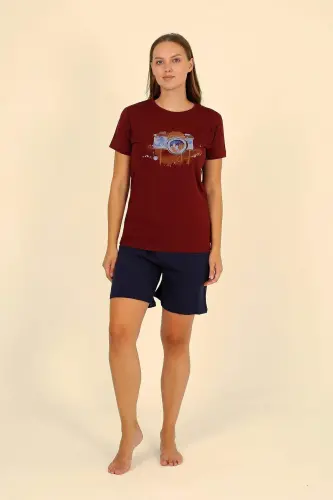 Women's Short Sleeve Knitted Pajama Set Burgundy 3622 - 5
