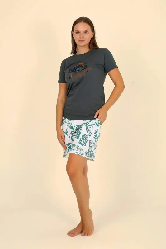 Women's Short Sleeve Knitted Pajama Set Green 3625 - 3