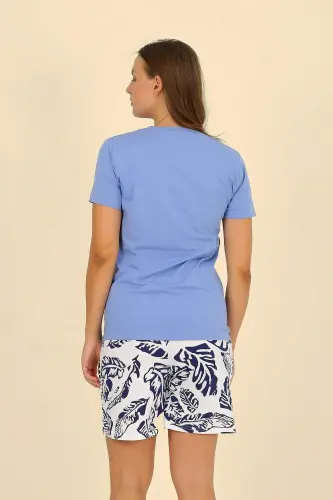 Women's Short Sleeve Knitted Pajama Set with Shorts Blue 3622 - 7