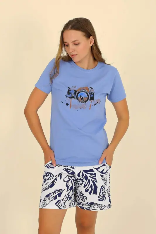 Women's Short Sleeve Knitted Pajama Set with Shorts Blue 3622 - 4