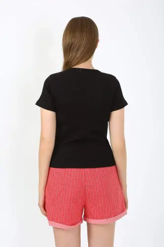 Women's Short Sleeve Knitted Shorts Pajamas Set Black 3633 - 2