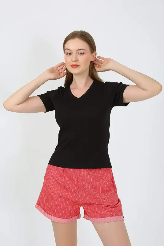 Women's Short Sleeve Knitted Shorts Pajamas Set Black 3633 - 10