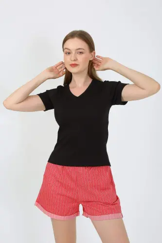Women's Short Sleeve Knitted Shorts Pajamas Set Black 3633 - 5