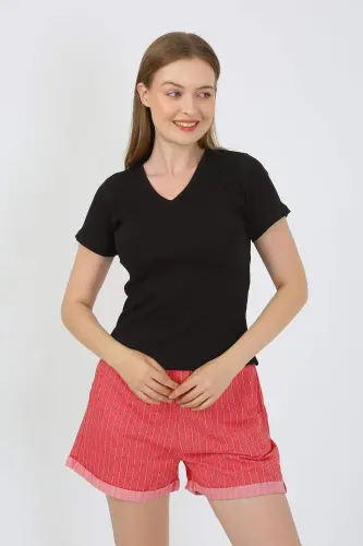 Women's Short Sleeve Knitted Shorts Pajamas Set Black 3633 - 6