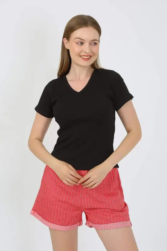 Women's Short Sleeve Knitted Shorts Pajamas Set Black 3633 - 6