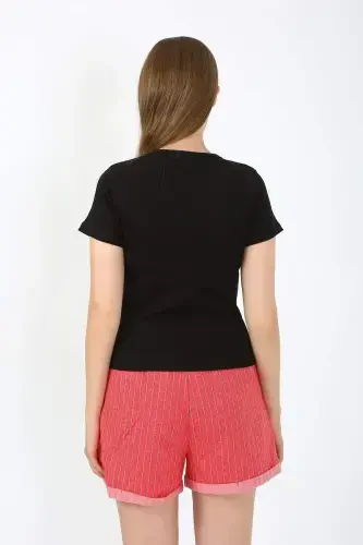 Women's Short Sleeve Knitted Shorts Pajamas Set Black 3633 - BÜYÜKBEDENIZ (1)