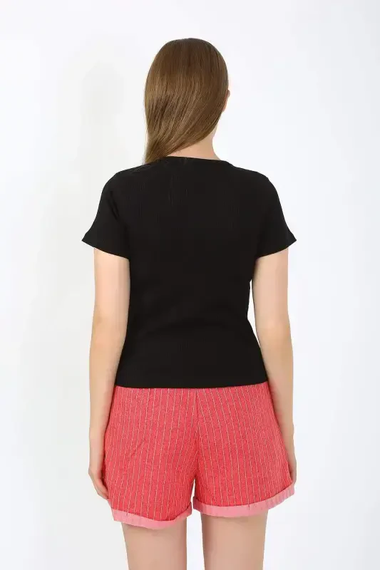 Women's Short Sleeve Knitted Shorts Pajamas Set Black 3633 - 2