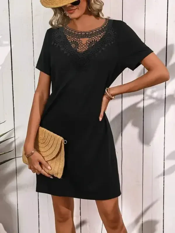 Women's Short Sleeve Lace Collar Short Viscose Dress - 1
