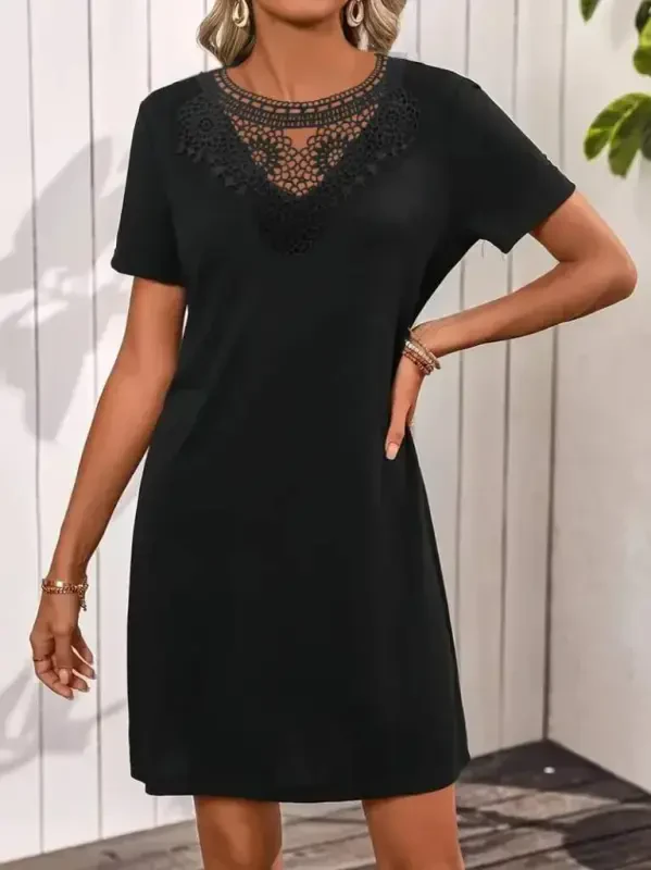 Women's Short Sleeve Lace Collar Short Viscose Dress - 3