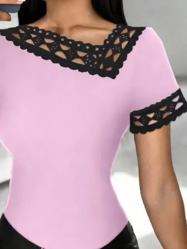 Women's Short Sleeve Lace Collar Viscose Blouse - 2