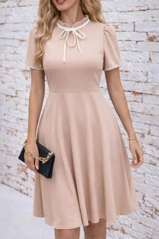 Women's Short Sleeve Lace-Up Neck Ruffled Midi Shimmer Crepe Dress - 1