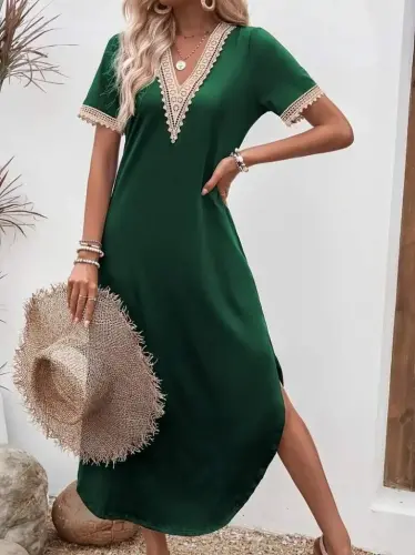 Women's Short Sleeve Lace V Neck Long Viscose Dress - 1