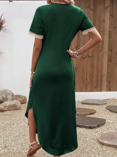 Women's Short Sleeve Lace V Neck Long Viscose Dress - BÜYÜKBEDENIZ (1)