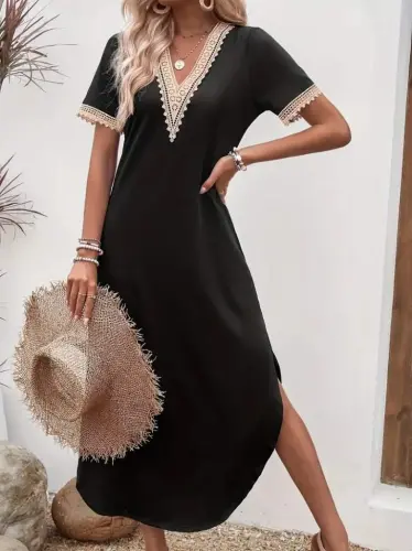 Women's Short Sleeve Lace V Neck Long Viscose Dress - 1