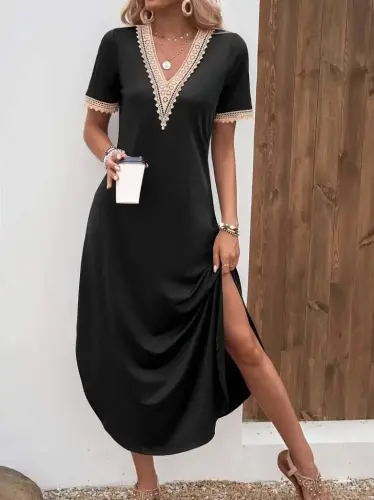 Women's Short Sleeve Lace V Neck Long Viscose Dress - BÜYÜKBEDENIZ (1)