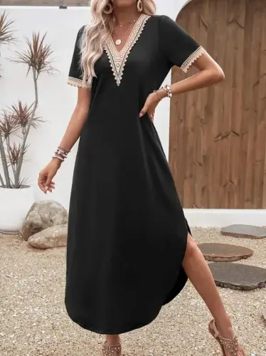 Women's Short Sleeve Lace V Neck Long Viscose Dress - 4