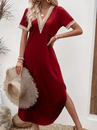 Women's Short Sleeve Lace V-Neck Long Viscose Dress - 1