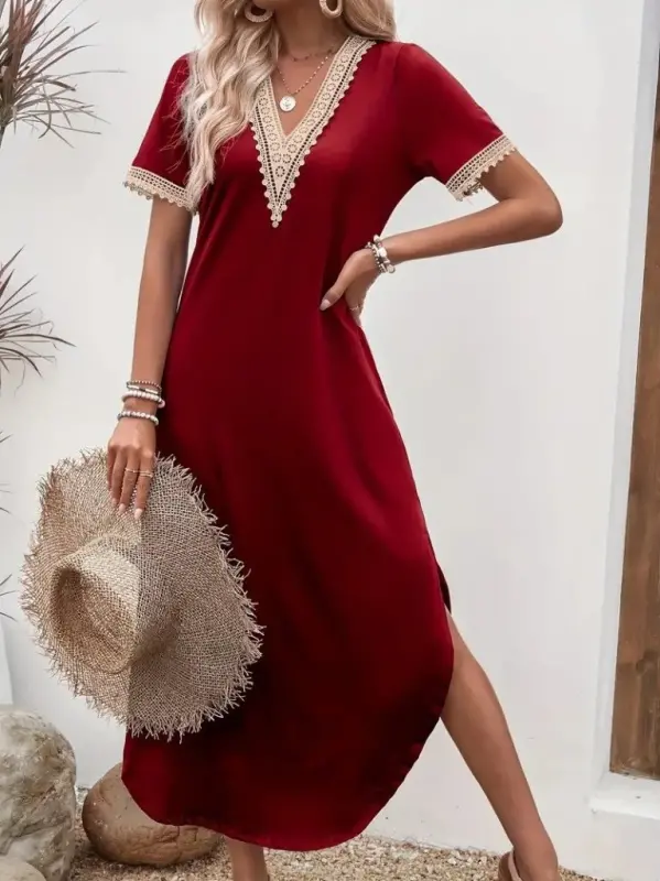 Women's Short Sleeve Lace V-Neck Long Viscose Dress - 1