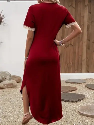 Women's Short Sleeve Lace V-Neck Long Viscose Dress - 3