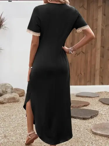 Women's Short Sleeve Lace V-Neck Long Viscose Dress - 3