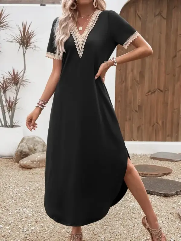 Women's Short Sleeve Lace V-Neck Long Viscose Dress - 4