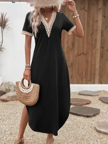 Women's Short Sleeve Lace V-Neck Long Viscose Dress - 5