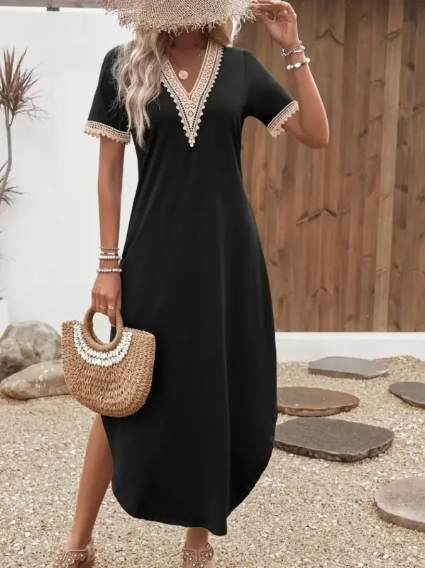 Women's Short Sleeve Lace V-Neck Long Viscose Dress - 5