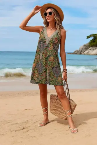 Women's Short Sleeve Lace V-Neck Patterned Supreme Dress - 4