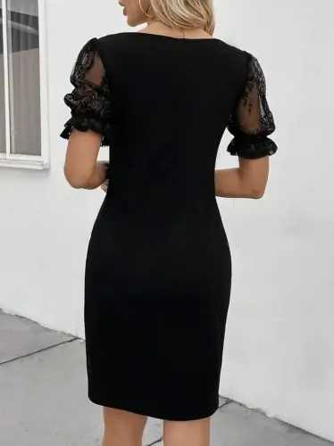 Women's Short Sleeve Lace V-Neck Ruched Side Cross Detail Imported Crepe Dress - 4