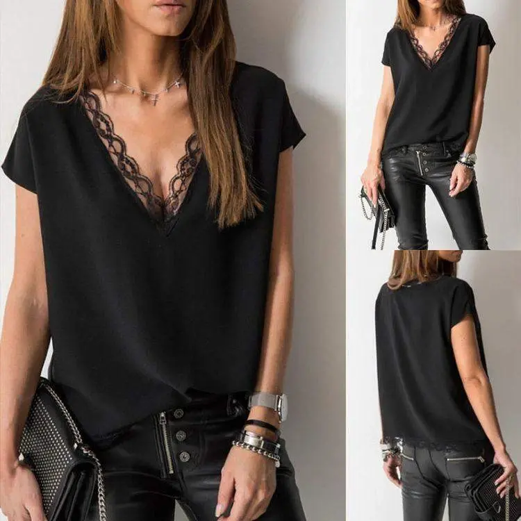 Women's Short Sleeve Lace V-Neck Sandy Blouse - 3