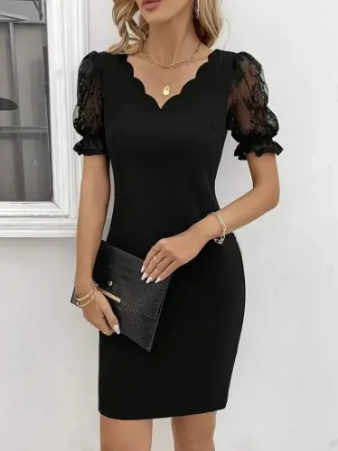 Women's Short Sleeve Lace V-Neck Side Ruched Cross Detail Imported Crepe Dress - BÜYÜKBEDENIZ (1)