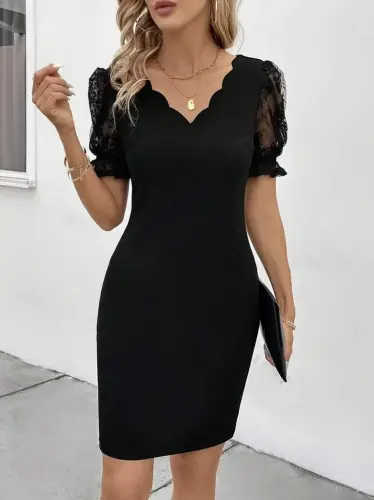 Women's Short Sleeve Lace V-Neck Side Ruched Cross Detail Imported Crepe Dress - 3