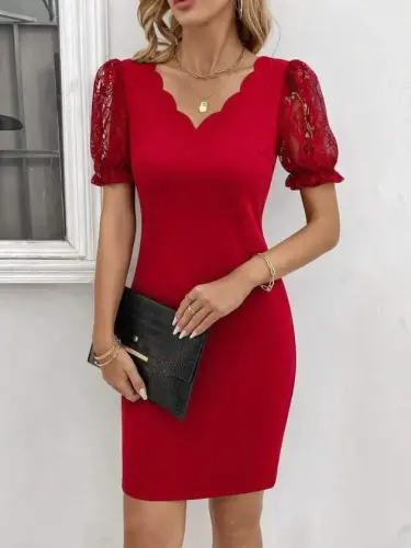 Women's Short Sleeve Lace V-Neck Side Ruched Cross Detail Imported Crepe Dress - BÜYÜKBEDENIZ (1)
