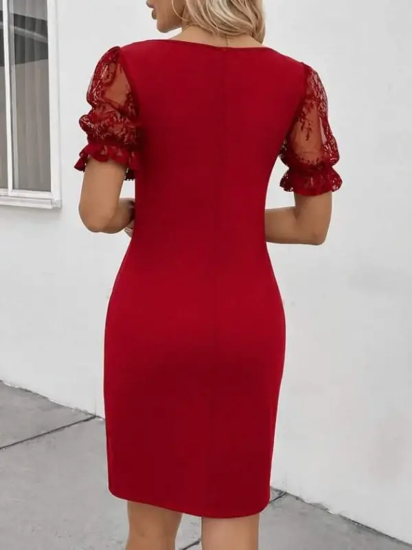 Women's Short Sleeve Lace V-Neck Side Ruched Cross Detail Imported Crepe Dress - 3