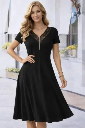 Women's Short Sleeve Lace V-Neck Zipper Long Viscose Dress - 2