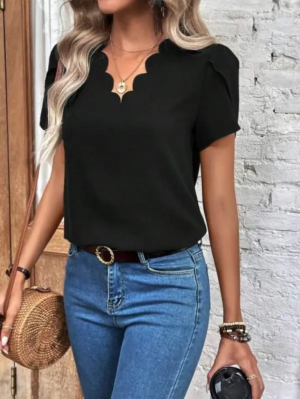 Women's Short Sleeve Laser V Neck Imported Crepe Blouse - 2