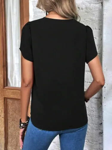 Women's Short Sleeve Laser V Neck Imported Crepe Blouse - 5