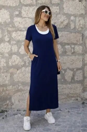 Women's Short Sleeve Long Viscose Dress with Side Slits and Inner Tank Top Look - 1