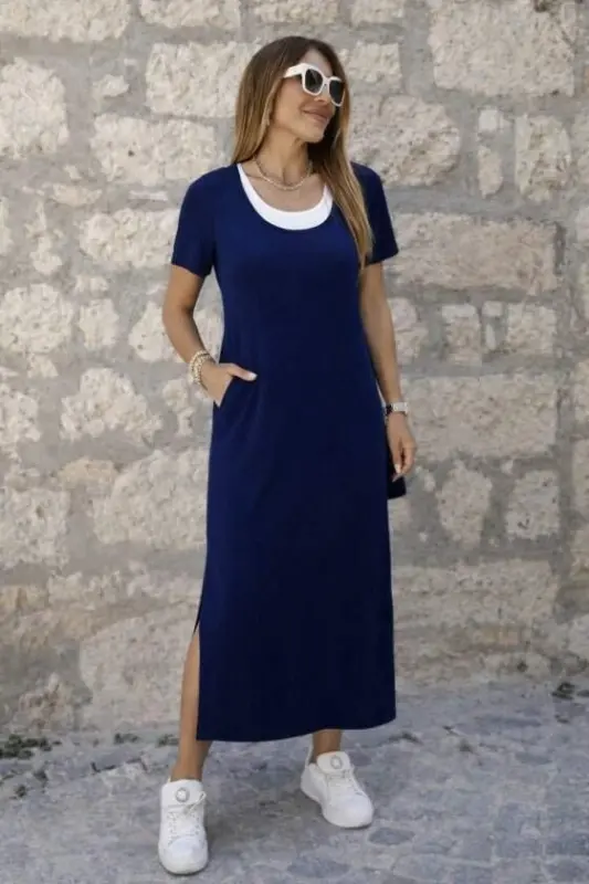 Women's Short Sleeve Long Viscose Dress with Side Slits and Inner Tank Top Look - 1