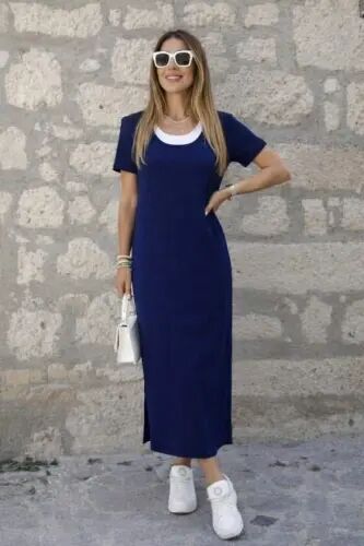 Women's Short Sleeve Long Viscose Dress with Side Slits and Inner Tank Top Look - 2