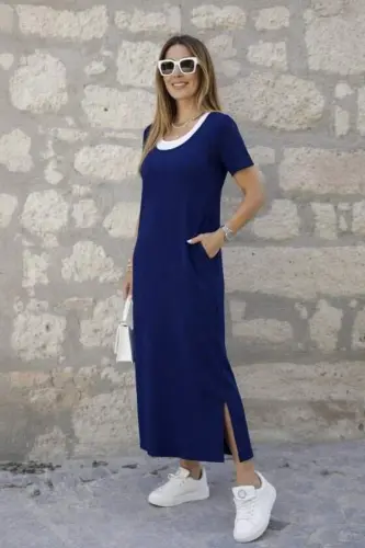 Women's Short Sleeve Long Viscose Dress with Side Slits and Inner Tank Top Look - 3